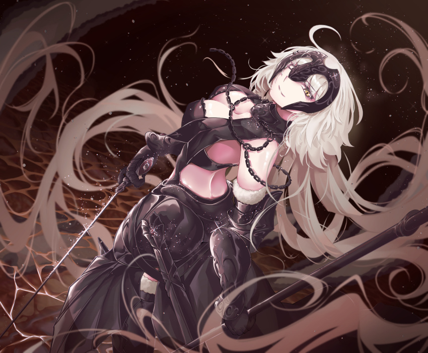 armor blonde_hair breasts chains cleavage fate/grand_order fate_(series) female floating_hair from_above from_behind gauntlets gorget headpiece highres jeanne_d'arc_alter_(avenger)_(fate) jeanne_d'arc_alter_(avenger)_(third_ascension)_(fate) jeanne_d'arc_alter_(fate) long_hair pale_skin ru_251 sheath solo sword very_long_hair water weapon wind yellow_eyes