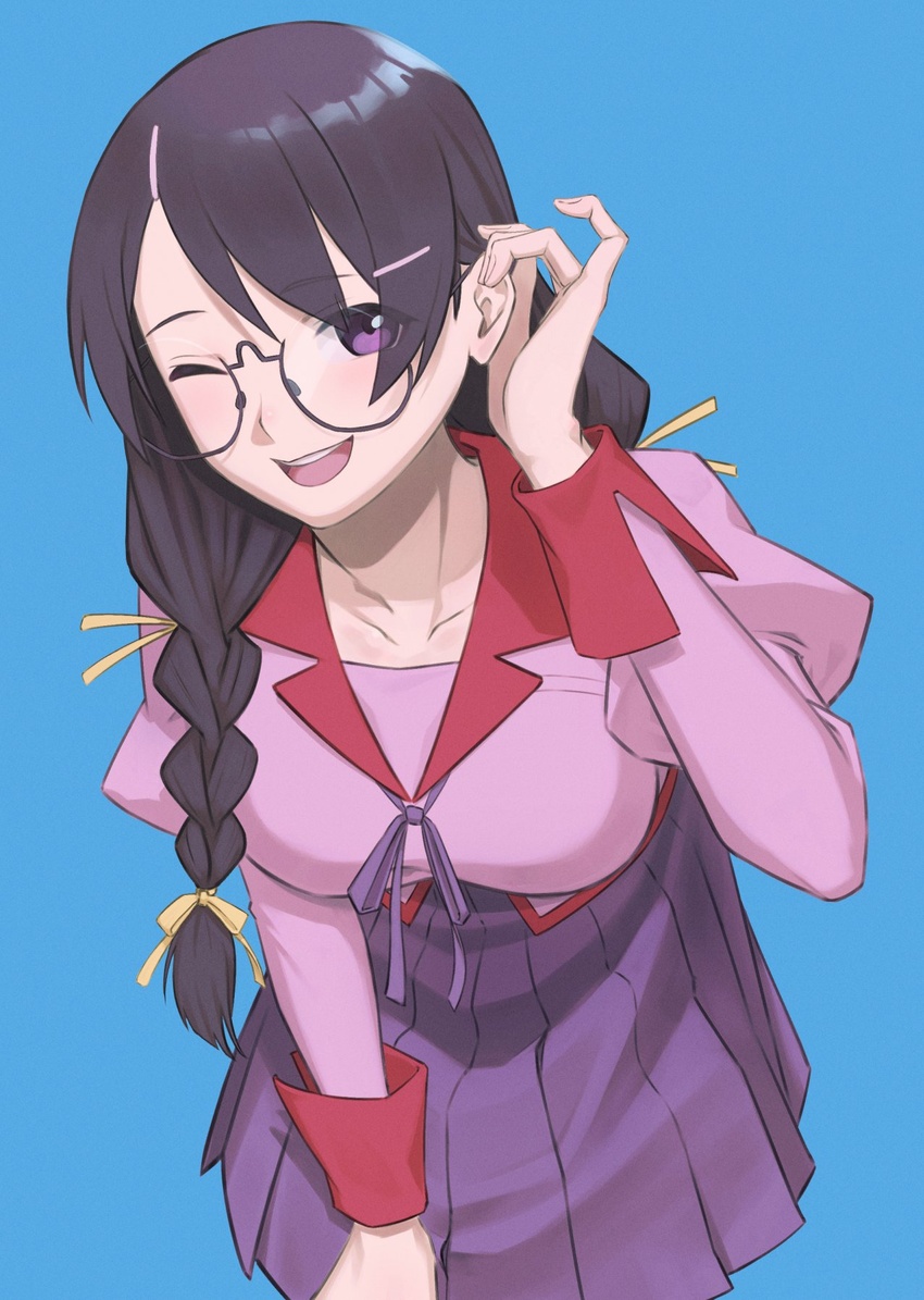 ;d blue_background braid braided_ponytail brown_hair collarbone collared_shirt commentary_request cowboy_shot eyes_visible_through_hair female glasses hair_ornament hair_ribbon hairclip hand_on_own_thigh hand_up hanekawa_tsubasa highres leaning_forward long_hair looking_at_viewer monogatari_(series) one_eye_closed open_mouth pleated_skirt purple_eyes purple_ribbon purple_skirt ribbon school_uniform shimizu_tomoki shirt simple_background skirt smile solo yellow_ribbon