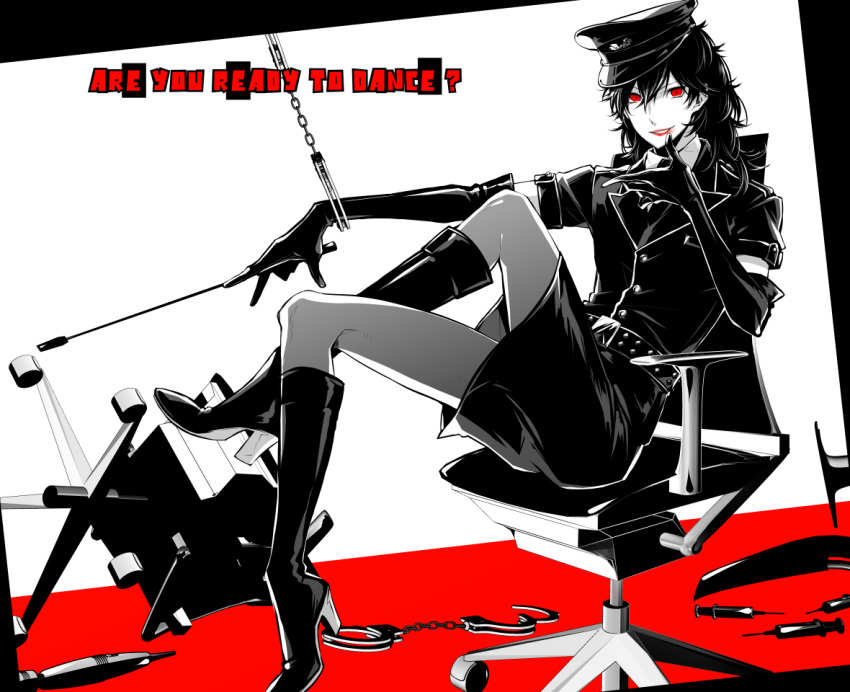 1boy amamiya_ren bad_id bad_pixiv_id belt boots chair crossdressing cuffs dominator_(bdsm) elbow_gloves english_text gloves hair_between_eyes handcuffs hat high_heel_boots high_heels lipstick makeup male_focus office_chair otoko_no_ko pantyhose persona persona_5 persona_5:_dancing_star_night persona_dancing police police_uniform red_eyes riding_crop short_sleeves sitting skirt solo swivel_chair syringe uniform wig yuu_(isis7796)