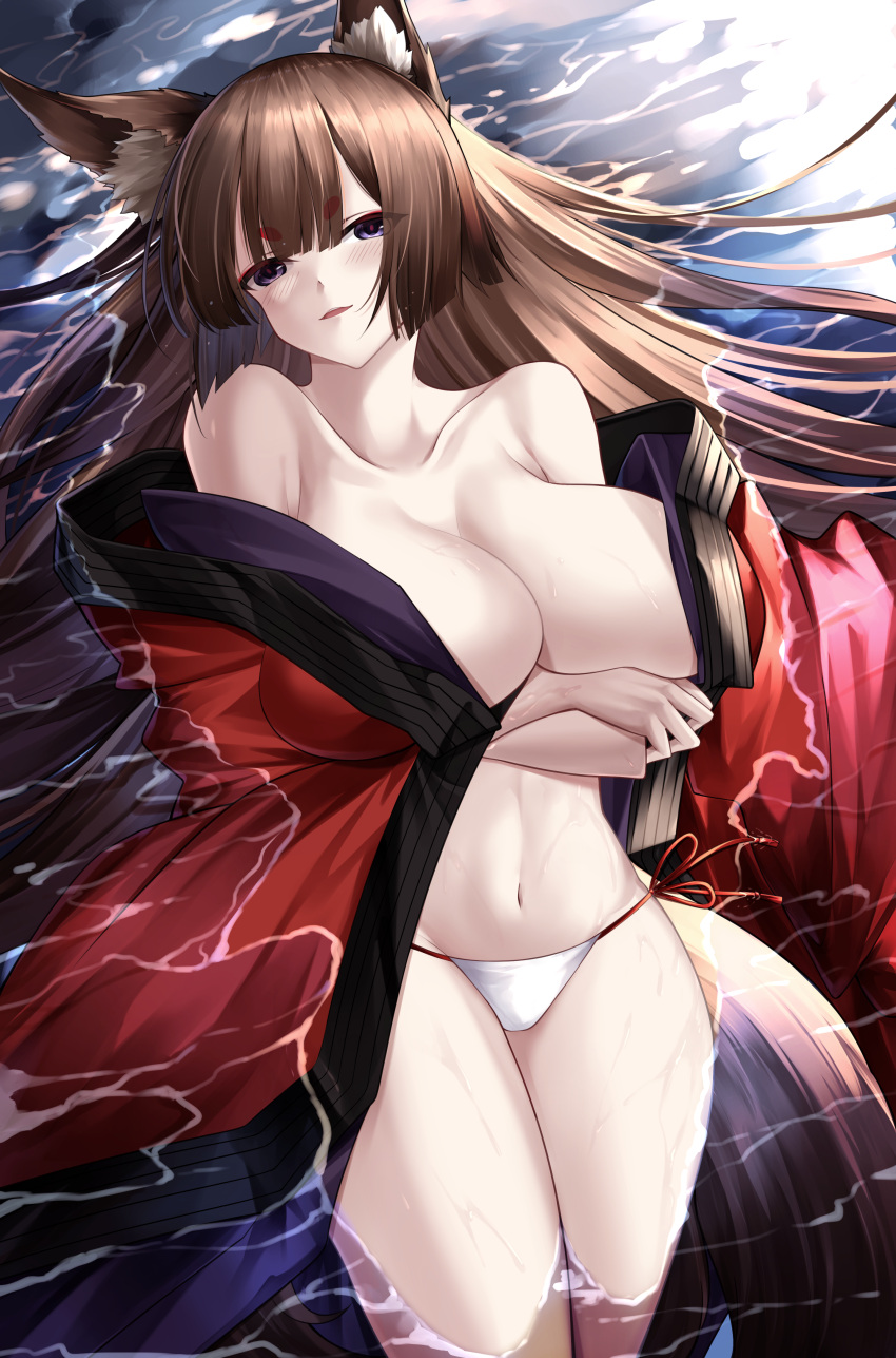 absurdres amagi_(azur_lane) animal_ear_fluff animal_ears azur_lane breasts brown_hair coat female highres huge_breasts long_hair looking_at_viewer lying on_back open_clothes open_coat panties purple_eyes red_coat side-tie_panties solo string_panties underwear very_long_hair water white_panties yan_lie