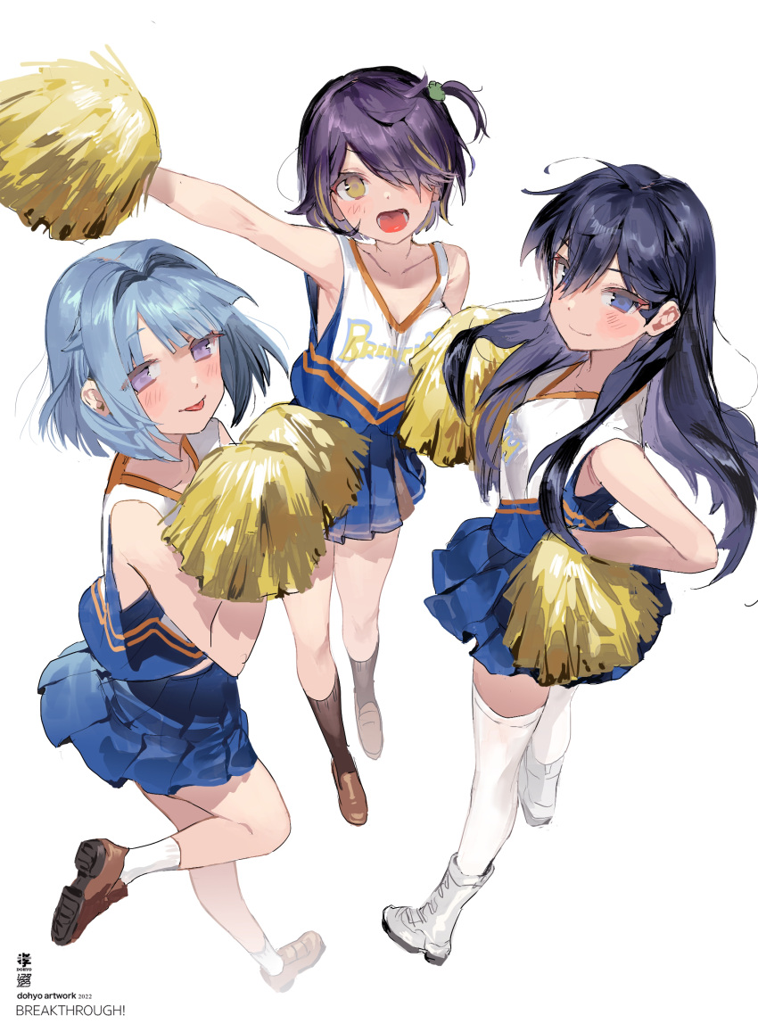 3girls absurdres bare_arms blue_eyes blue_hair blue_skirt blush boots brown_eyes brown_footwear brown_legwear cheerleader closed_mouth collarbone commentary dohyo123123 english_commentary ensemble_stars! full_body genderswap_(mtf) hair_intakes hair_over_one_eye hidaka_hokuto highres jersey long_hair looking_at_viewer multiple_girls one_eye_covered one_side_up open_mouth pleated_skirt pom_pom_(cheerleading) purple_eyes purple_hair rule_63 sengoku_shinobu shino_hajime short_hair simple_background skirt sleeveless smile socks thighhighs tongue tongue_out white_background white_footwear white_legwear