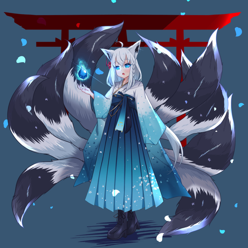 absurdres ahoge animal_ear_fluff animal_ears aqua_eyes blue_fire blue_hakama braid extra_tails female fire fox fox_ears fox_girl fox_tail glowing glowing_eyes hakama hakama_skirt highres hololive japanese_clothes kimono kitsune kyuubi long_hair miko multiple_tails oerba_yun_fang pentagram pleated_skirt shirakami_fubuki shirakami_fubuki_(new_year) side_braid skirt solo tail temari_maco torii virtual_youtuber white_hair white_kimono