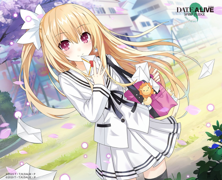 black_ribbon blonde_hair blouse closed_mouth date_a_live date_a_live:_spirit_pledge day female gekijouban_date_a_live:_mayuri_judgement heart holding holding_letter letter long_hair long_sleeves looking_at_viewer mayuri_(date_a_live) official_art outdoors pink_bag red_eyes ribbon school_uniform serafuku shirt skirt smile solo sunlight very_long_hair white_shirt white_skirt