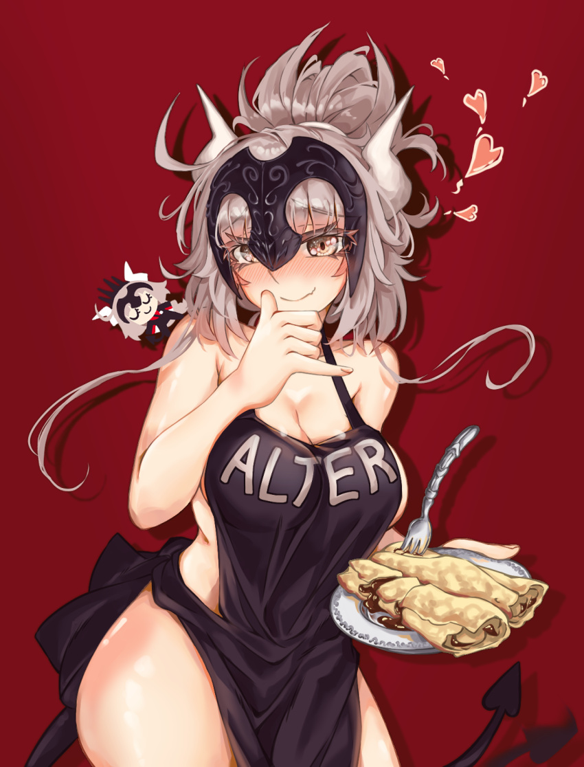 alternate_costume apron blush closed_eyes collarbone commentary contrapposto cosplay eyelashes fate/grand_order fate_(series) female food grey_hair halterneck headpiece heart helltaker highres horns jeanne_d'arc_alter_(avenger)_(fate) jeanne_d'arc_alter_(fate) looking_at_viewer lucifer_(helltaker) lucifer_(helltaker)_(cosplay) oerba_yun_fang pancake ponytail red_background ru_251 single_horn smile tail tail_wagging yellow_eyes