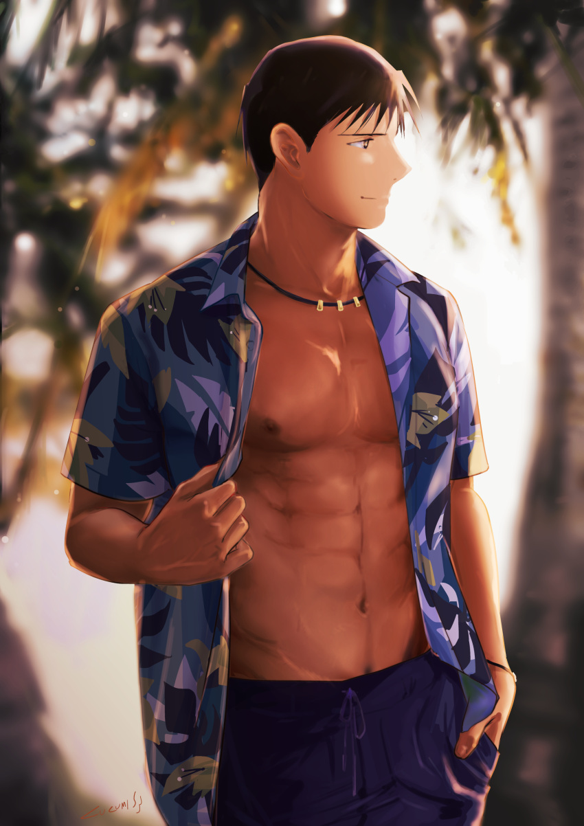 1boy abs absurdres adjusting_clothes adjusting_shirt arm_at_side artist_name black_eyes black_hair blue_male_swimwear blue_shirt blue_swim_trunks blurry blurry_background bracelet casual closed_mouth collarbone collared_shirt dark_nipples day evening fingernails fullmetal_alchemist fullmetal_alchemist_mobile half-closed_eyes hand_in_pocket hand_up hawaiian_shirt highres jewelry leaf leaf_print light_particles light_smile looking_afar male_focus male_swimwear navel necklace nipples open_clothes open_shirt outdoors palm_leaf palm_tree palm_tree_print pectorals profile roy_mustang shirt short_sleeves sidelighting spiked_hair sunlight swept_bangs swim_trunks tree urikurage veins veiny_hands