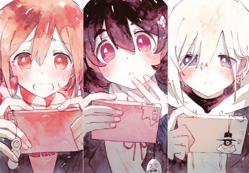 3girls akane_(pink_valentine) black_hair blonde_hair blush cellphone closed_mouth commentary_request hair_ornament hairclip highres hitotsume-sama long_hair lotte_(company) momo_(pink_valentine) multiple_girls neulbaram open_mouth orange_hair phone pink_valentine purple_eyes red_eyes scarf school_uniform short_hair smartphone strap tamago_(mah) yukie_(pink_valentine)