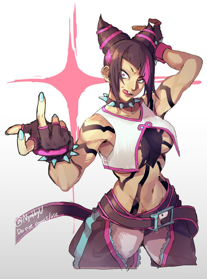 80yakky aqua_nails black_hair breasts drill_hair female fingernails highres juri_han long_fingernails medium_breasts nail_polish navel pink_hair solo street_fighter street_fighter_6 tongue tongue_out twin_drills upper_body