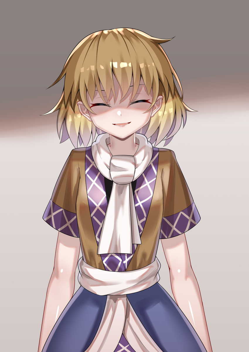 absurdres ailu_elf black_shirt blonde_hair breasts brown_jacket closed_eyes commentary cowboy_shot female highres jacket looking_at_viewer mizuhashi_parsee multicolored_clothes multicolored_jacket open_mouth pointy_ears scarf shaded_face shirt short_hair small_breasts smile solo touhou white_scarf