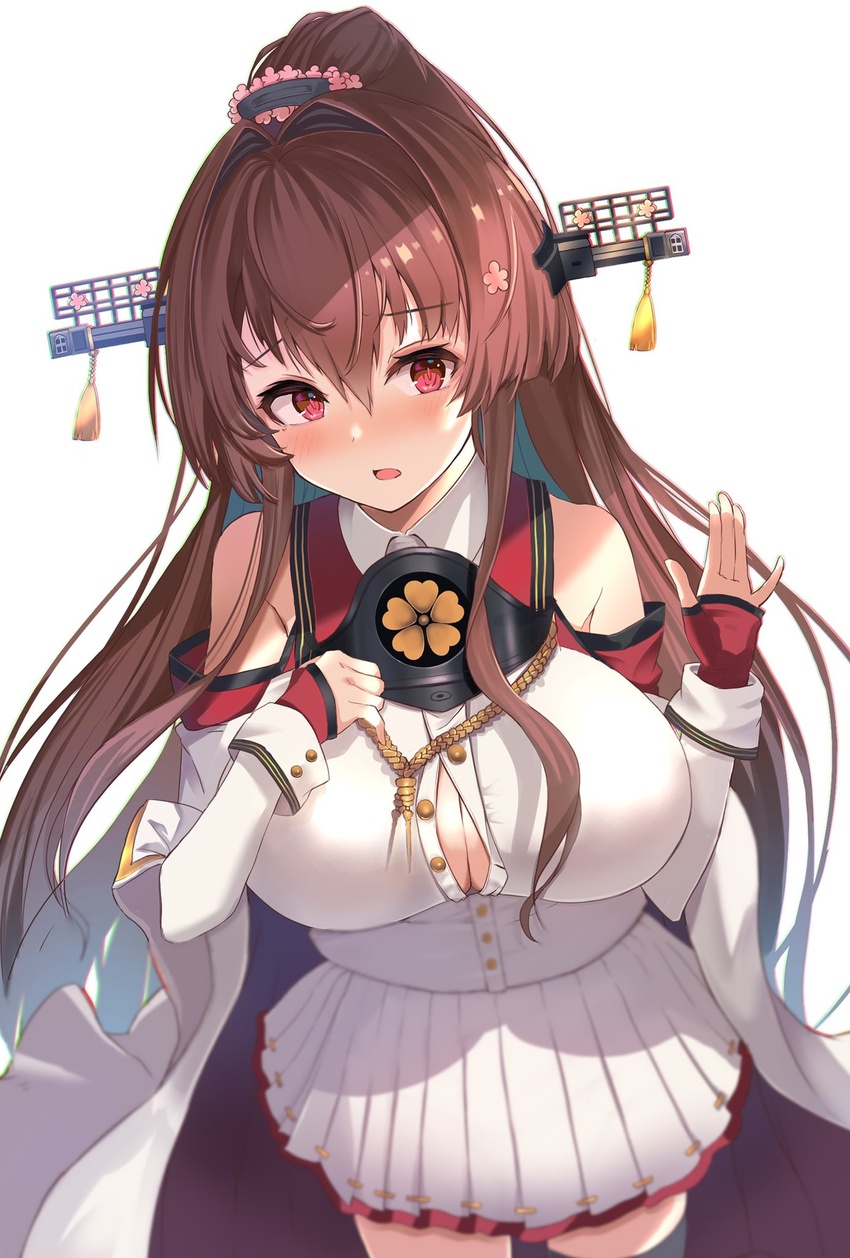 blush breasts brown_hair detached_sleeves dress female hair_intakes headgear highres kantai_collection large_breasts long_hair looking_at_viewer o-sirius pleated_dress ponytail red_eyes sailor_collar simple_background solo very_long_hair wardrobe_malfunction white_background white_dress yamato_(kancolle) yamato_kai_ni_(kancolle)