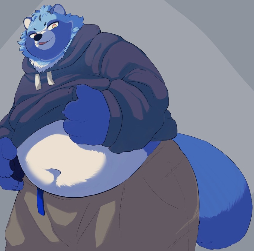 2022 anthro asulion54 belly biped black_nose blue_body blue_fur bottomwear canid canine clothing fur hoodie humanoid_hands kemono male mammal navel overweight overweight_male pants raccoon_dog simple_background solo tanuki topwear