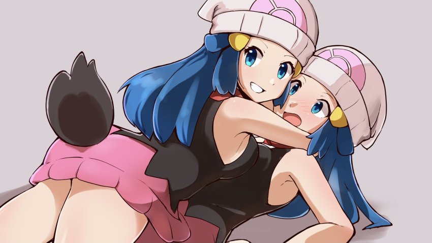 2girls arms_around_neck bad_id bad_pixiv_id blue_eyes blue_hair blush breast_press breasts clone cowgirl_position dawn_(pokemon) disguised_zorua hat highres hirotaka_(hrtk990203) looking_at_viewer looking_back lying miniskirt multiple_girls on_back on_floor pokemon pokemon:_zoroark:_master_of_illusions pokemon_(anime) pokemon_dppt_(anime) shadow sideboob simple_background skirt smile tail thighs zorua