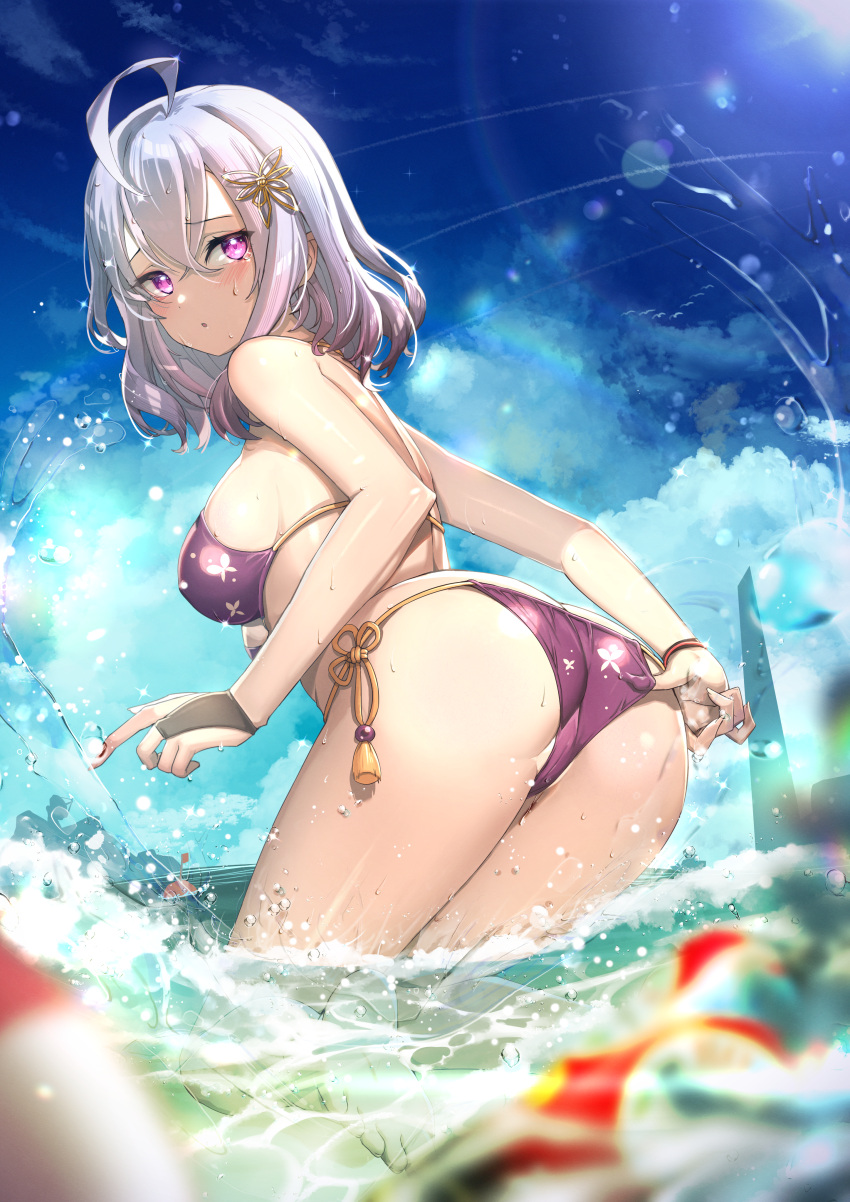 absurdres adjusting_clothes adjusting_swimsuit ahoge ass bare_arms bare_shoulders bikini blue_sky breasts cloud commission day female from_behind gradient_hair grey_hair hair_between_eyes halterneck highres ichihachiyon leaning_forward lens_flare looking_at_viewer looking_back medium_breasts medium_hair multicolored_hair ocean original outdoors pixiv_commission purple_bikini purple_eyes purple_hair side-tie_bikini_bottom skeb_commission sky solo string_bikini summer swimsuit tears thighs wading wet