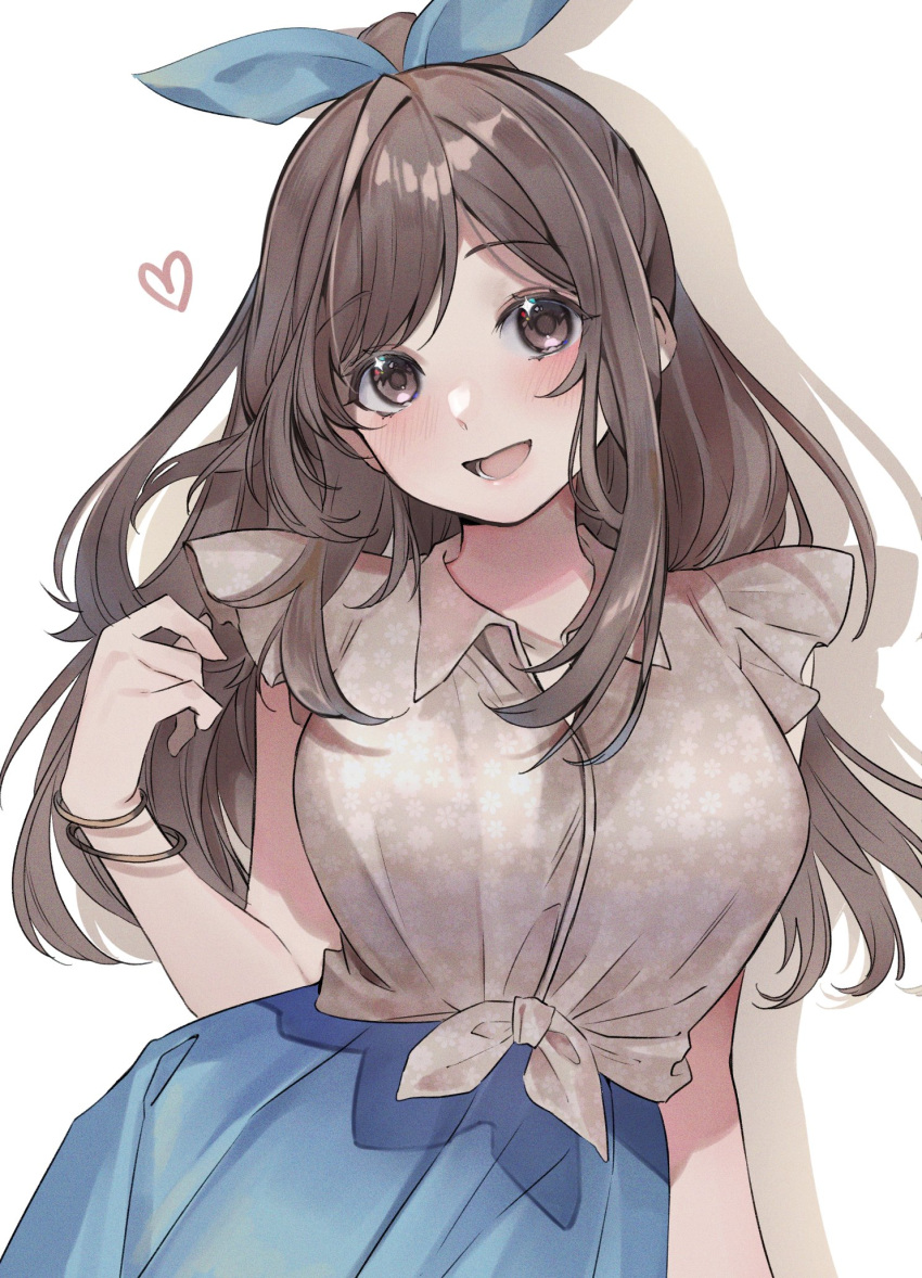 blue_skirt blush bracelet breasts female hair_ribbon head_tilt heart highres idolmaster idolmaster_shiny_colors jewelry large_breasts long_hair looking_at_viewer patterned_clothing ponytail ribbon shirt shunka_tunacan simple_background skirt smile solo tied_shirt tsukioka_kogane very_long_hair white_background