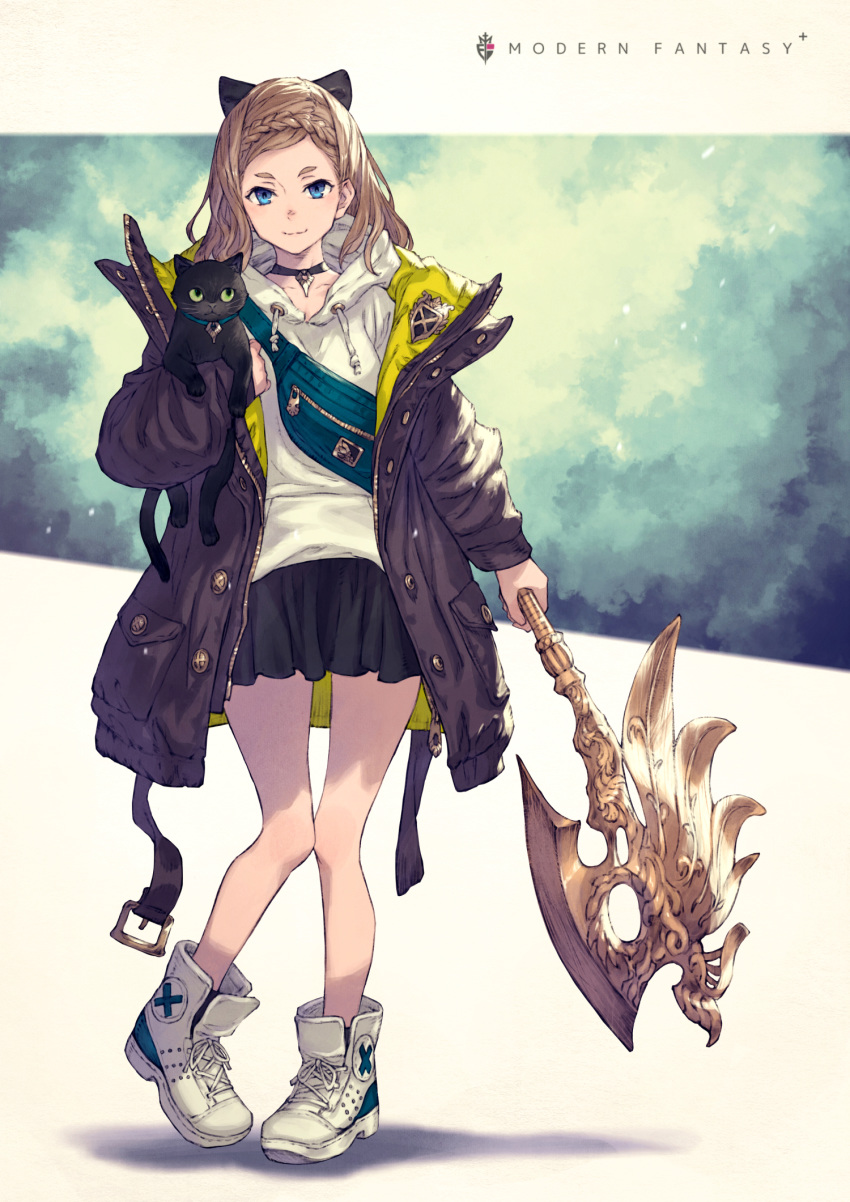 animal animal_ears axe bag bare_legs black_cat black_choker black_coat black_skirt blonde_hair blue_eyes braid braided_bangs brown_hair cat_ears choker closed_mouth coat commentary_request crown_braid drawstring feline female full_body highres holding holding_animal holding_axe holding_cat holding_weapon hood hood_down hoodie jacket knees_together_feet_apart kusano_shinta long_hair long_sleeves looking_at_viewer miniskirt open_clothes open_coat original pleated_skirt pouch shoes skirt smile sneakers solo staff standing thighs unbuttoned weapon white_footwear white_hoodie