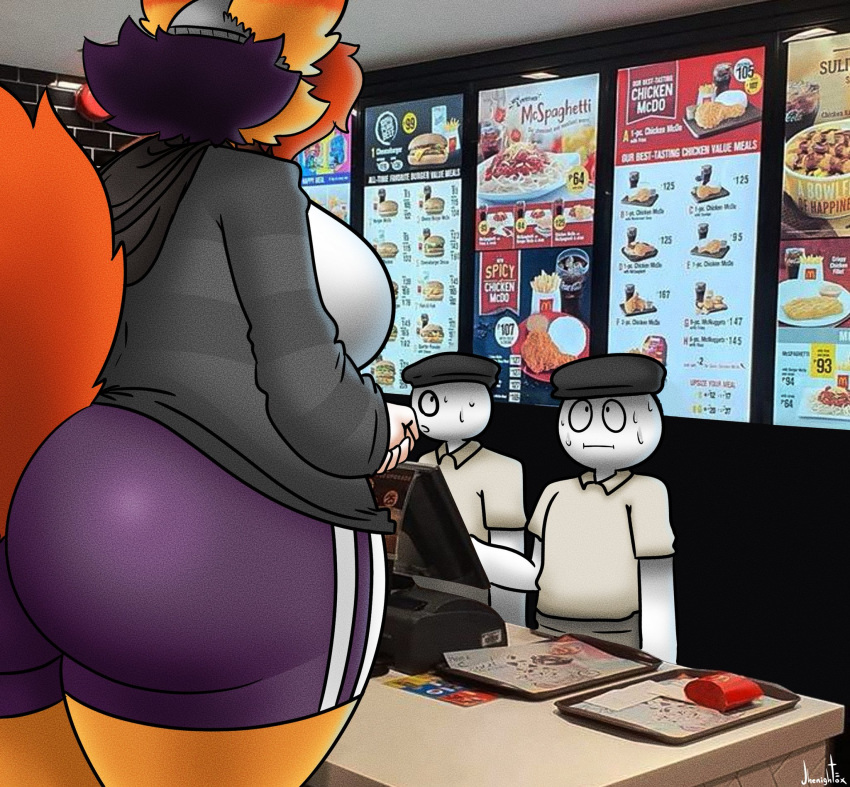 anthro ass big_breasts big_butt bottomwear breasts canid canine cash_register clothed clothing female fox group hi_res jhenightfox julie_(jhenightfox) male mammal restaurant shorts tight_bottomwear tight_clothing tight_shorts