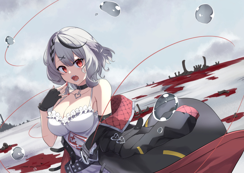 arm_up bare_shoulders black_gloves black_hair blood blood_splatter blush bone braid breasts bubble carcass cleavage cocoablue23 collar fangs female fingerless_gloves gloves grey_hair grey_sky hair_ornament highres hololive jacket large_breasts looking_at_viewer multicolored_hair nail_polish off_shoulder open_mouth outdoors plaid red_eyes red_nails sakamata_chloe sakamata_chloe_(1st_costume) skull sky solo streaked_hair upper_body virtual_youtuber x_hair_ornament