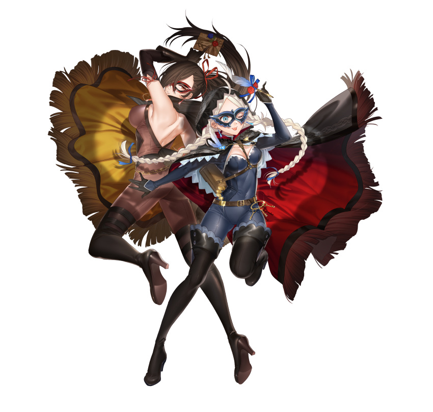 2girls absurdres ahoge arm_up armpits backless_outfit bag belt between_breasts black_cape black_footwear black_gloves blue_bodysuit blue_eyes bodysuit boots bow bowtie braid breasts brown_eyes brown_hair calling_card cape card chains chest_harness coin commentary_request covered_navel earrings fire_emblem fire_emblem_fates fire_emblem_heroes full_body gloves gold_coin hair_over_one_eye harness high_heel_boots high_heels highres hood hood_up hooded_cape jewelry kagero_(fire_emblem) kagero_(thief)_(fire_emblem) key keyring kippu large_breasts leather_bag leather_belt long_hair long_sleeves looking_away low_twintails mask medium_breasts multiple_girls nina_(fire_emblem) nina_(thief)_(fire_emblem) o-ring o-ring_harness official_art one_eye_closed parted_bangs parted_lips ponytail quill red_cape satchel simple_background skin_tight smile thigh_boots tongue tongue_out twin_braids twintails two-tone_cape white_background white_hair yellow_cape