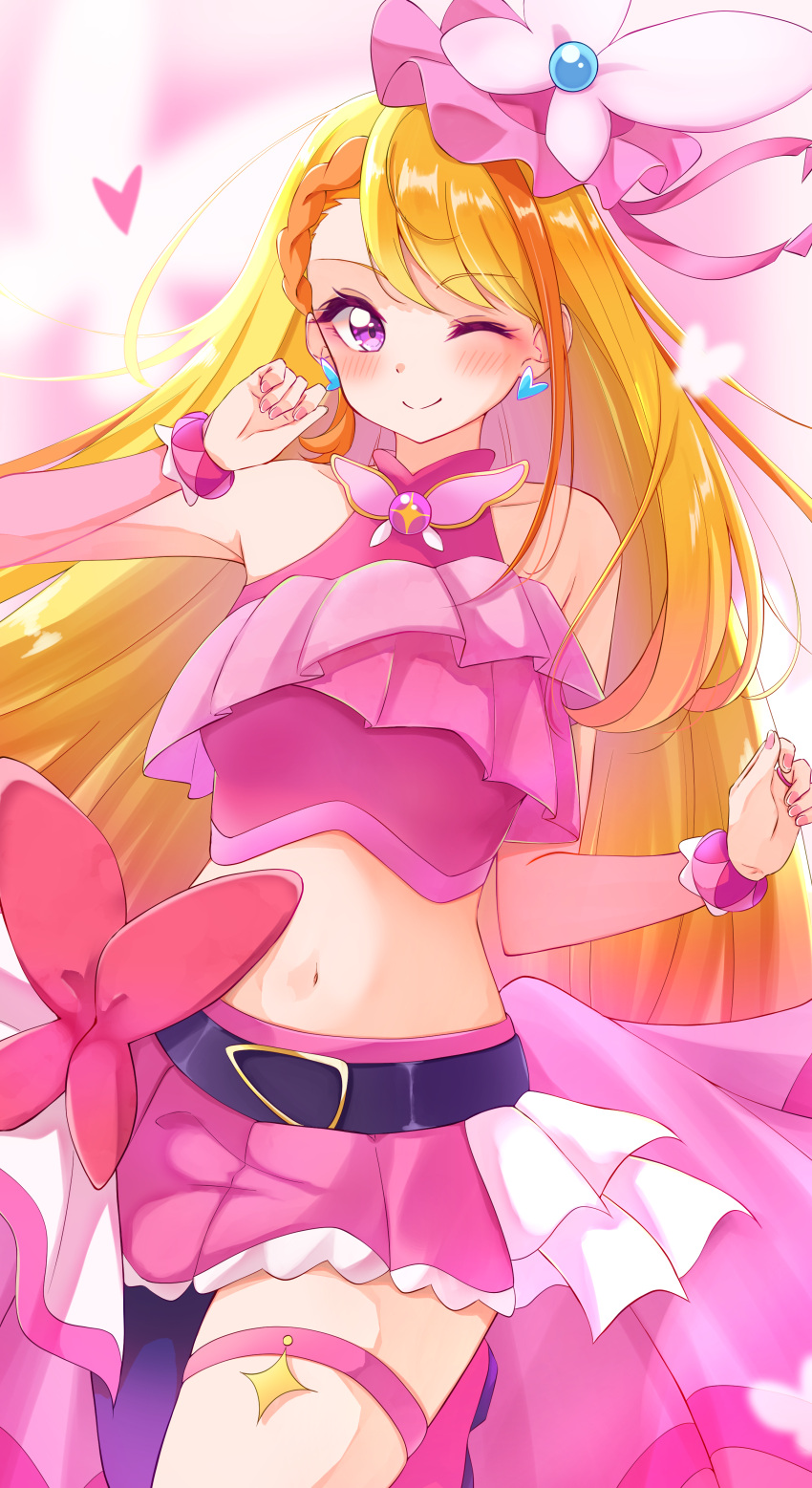 absurdres belt belt_bow blonde_hair bow_skirt breasts brooch bug butterfly butterfly_brooch butterfly_earrings butterfly_hat butterfly_hat_ornament cowboy_shot cure_butterfly earrings female hat_ornament highres hijiri_ageha hirogaru_sky!_precure jewelry long_hair looking_at_viewer magical_girl medium_breasts midriff navel one_eye_closed pink_headwear pink_skirt precure single_leg_pantyhose skirt smile solo sugimura_mickey very_long_hair wing_brooch