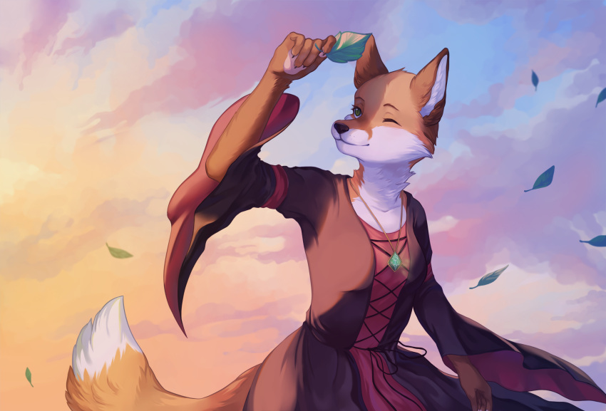 anthro canid canine clothed clothing cloud digital_media_(artwork) dress emerald_(gem) falling_leaves female fox fully_clothed gem gown green_eyes half-length_portrait hi_res jewelry lacing leaf mammal one_eye_closed oooopo pendant portrait silva_vernalis sky smile solo story story_in_description summer sunset tales_from_valmeridia wind