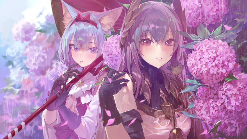 2girls absurdres animal_ear_fluff animal_ears animal_on_shoulder artist_request bell bird bird_on_shoulder blue_hair blush bow breasts cat_(masterwork_apocalypse) cat_ears cat_girl commentary_request detached_sleeves eyelashes flower hairband halterneck hand_on_own_shoulder highres holding holding_umbrella hydrangea leaf long_hair looking_at_viewer masterwork_apocalypse medium_breasts medium_hair multiple_girls oil-paper_umbrella outdoors parted_lips petals pink_bow pink_flower pink_hairband purple_eyes purple_hair purple_theme rain second-party_source smile teeth tongue tongue_out turtleneck umbrella upper_body wet white_sleeves wide_sleeves wing_hair_ornament yunei_(masterwork_apocalypse)