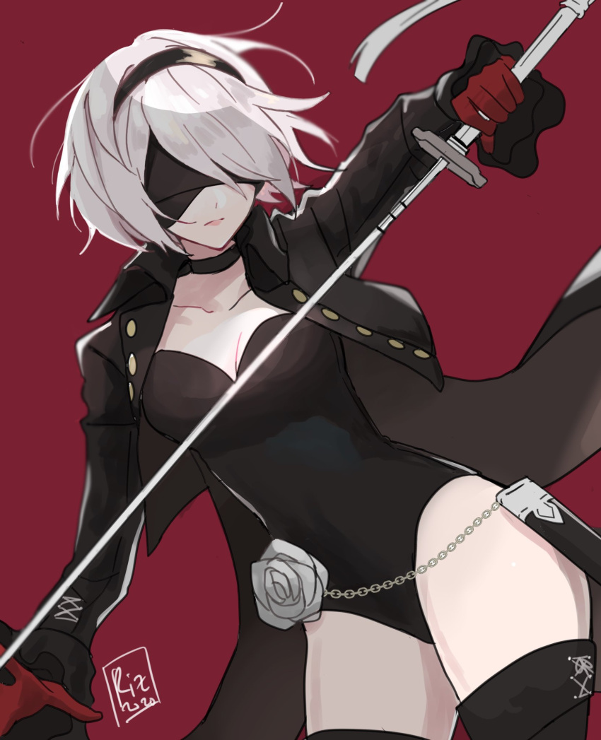 2b_(nier:automata) black_blindfold black_hairband black_jacket black_leotard blindfold boots bow bowtie breasts chains choker cleavage commentary cosplay cropped_jacket dinikee dutch_angle female flower gloves grey_flower grey_hoodie grey_rose hair_over_one_eye hairband highres hood hoodie jacket katana leotard medium_hair nier:automata nier_(series) persona persona_5 persona_5_the_royal red_bow red_bowtie red_gloves rose signature solo sword thigh_boots thighs weapon yoshizawa_kasumi yoshizawa_kasumi_(cosplay)