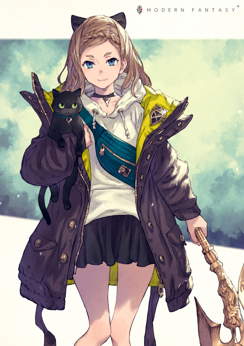 animal animal_ears axe bag black_cat black_choker black_coat black_skirt blonde_hair blue_eyes braid braided_bangs brown_hair cat_ears choker closed_mouth coat commentary_request crown_braid drawstring feet_out_of_frame feline female highres holding holding_animal holding_axe holding_cat holding_weapon hood hood_down hoodie jacket kusano_shinta long_hair long_sleeves looking_at_viewer miniskirt open_clothes open_coat original pleated_skirt pouch skirt smile solo staff thighs unbuttoned weapon white_hoodie