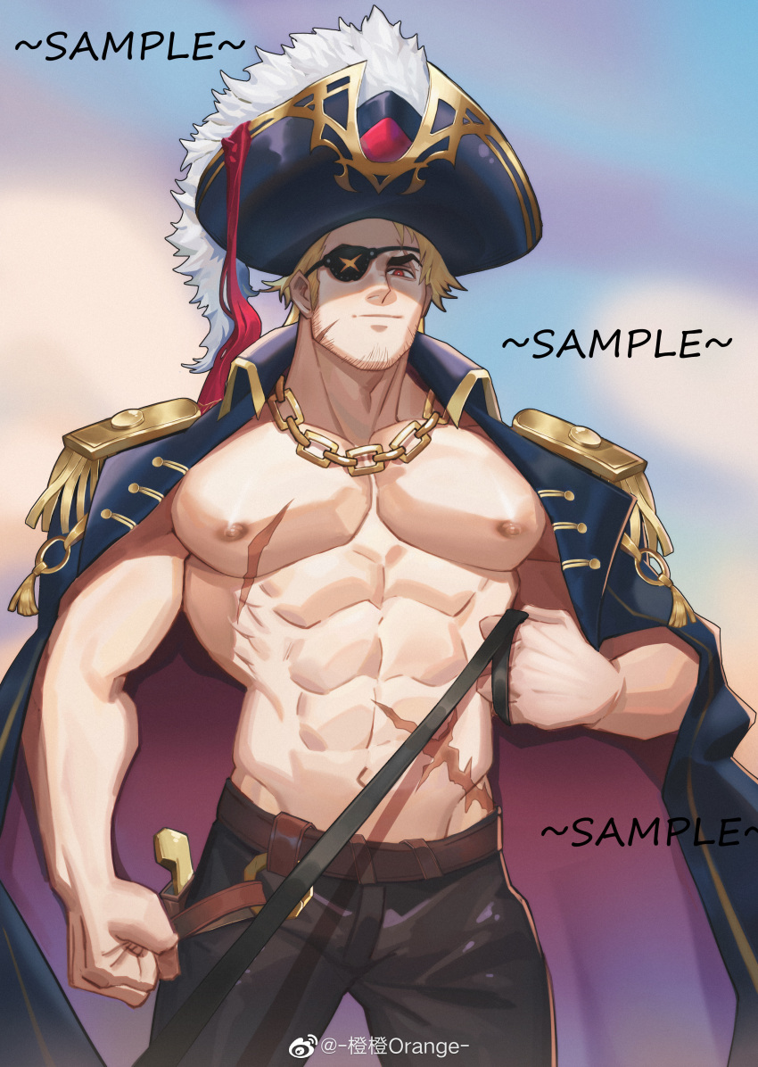 1boy abs absurdres bara bare_pectorals black_pants blonde_hair chengzibaobaozhu coat coat_on_shoulders commission cowboy_shot eugene_kidd eyepatch facial_hair hat highres large_pectorals looking_at_viewer male_focus mature_male muscular muscular_male navel nipples original pants pectorals pirate pirate_hat sample_watermark scar scar_on_cheek scar_on_chest scar_on_face short_hair sideburns smile solo stomach stubble watermark