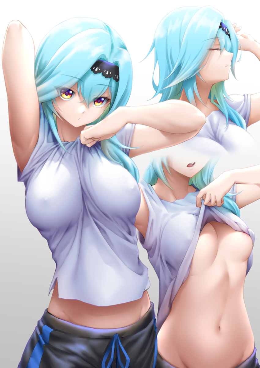 :/ absurdres alternate_costume aqua_hair areola_slip arm_up armpits arms_up bare_arms between_breasts black_hairband breasts breasts_apart casual closed_eyes closed_mouth clothes_between_breasts clothes_lift collarbone covered_nipples cowboy_shot crossed_bangs dated drawstring eula_(genshin_impact) female genshin_impact gradient_background gradient_eyes grey_background groin hair_between_eyes hair_intakes hairband highres large_breasts lifting_own_clothes long_hair looking_at_viewer lowleg lowleg_pants medium_hair midriff midriff_peek multicolored_eyes multiple_views navel no_bra open_mouth pants profile projected_inset revision royboy shirt shirt_lift short_sleeves sidelocks stomach striped sweatpants t-shirt tsurime underboob vertical_stripes white_background white_shirt yellow_eyes