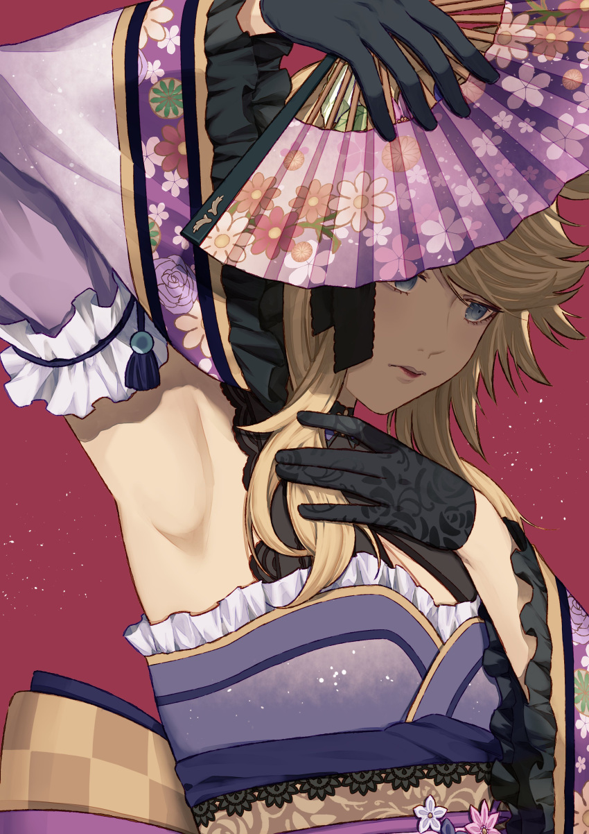 absurdres animal_ears arm_up armpit_focus armpits bad_id bad_pixiv_id black_gloves blonde_hair blue_eyes breasts cleavage_cutout clothing_cutout commentary_request detached_sleeves female folding_fan frilled_kimono frilled_sleeves frills gloves gold_city_(akizakura_danzatrice)_(umamusume) gold_city_(umamusume) hand_fan highres holding holding_fan horse_ears horse_girl japanese_clothes jugemu_(qqkyon) kimono long_hair looking_down obi official_alternate_costume parted_lips purple_kimono purple_sleeves red_background sash sidelocks simple_background sleeveless sleeveless_kimono small_breasts solo standing swept_bangs umamusume upper_body