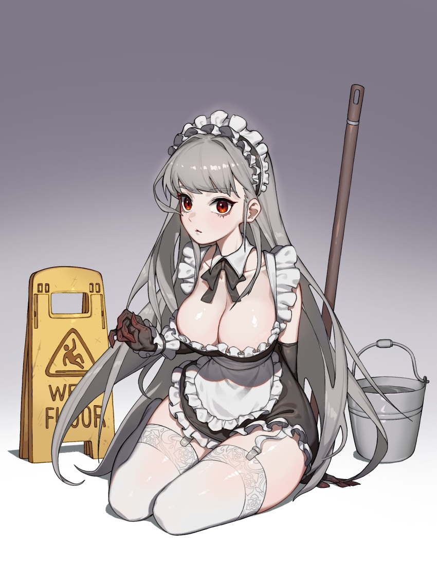 absurdres apron black_gloves bow bowtie breasts bucket cleavage closed_mouth detached_collar dress female frills garter_straps gloves grey_hair hellk111 highres korean_commentary long_hair maid maid_apron maid_headdress on_floor original red_eyes sitting solo thighhighs wet_floor_sign yokozuwari