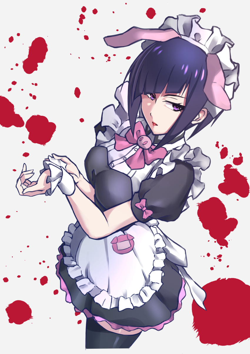 absurdres akiba_maid_sensou animal_ears apron asymmetrical_bangs black_dress black_hair black_thighhighs blood blood_splatter bow breasts dress fake_animal_ears female frilled_apron frills highres kz_nezu3 maid maid_apron maid_headdress mannen_ranko pig_ears pink_bow purple_eyes short_hair short_sleeves simple_background solo standing thighhighs waist_apron white_apron white_background wrist_cuffs zettai_ryouiki