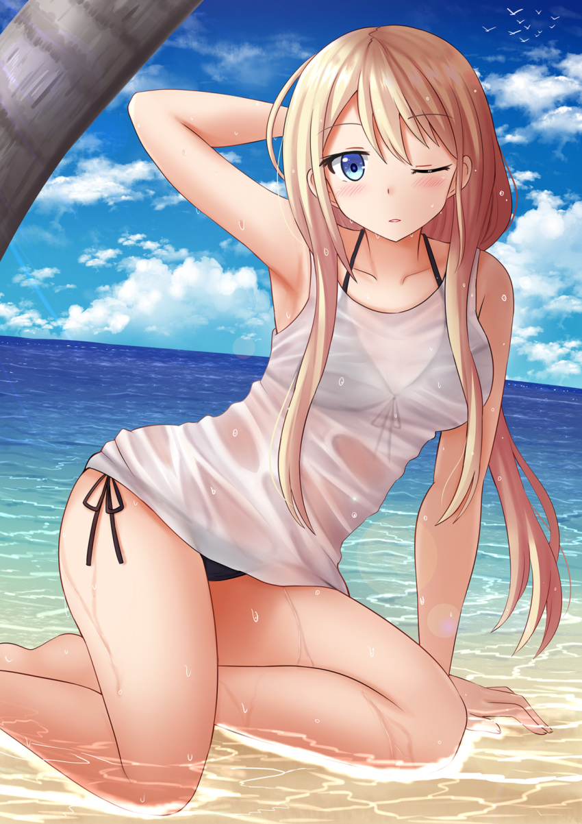 arm_behind_head arm_support arm_up bare_arms bare_shoulders bikini bikini_under_clothes black_bikini blonde_hair blue_eyes blue_sky blush chiyuki_fujito cloud cloudy_sky collarbone commentary commission day english_commentary female hair_between_eyes highres horizon kazenokaze long_hair ocean one_eye_closed outdoors palm_tree parted_lips runway_de_waratte see-through shallow_water shirt side-tie_bikini_bottom sky sleeveless sleeveless_shirt solo swimsuit tree very_long_hair water wet wet_clothes wet_shirt white_shirt