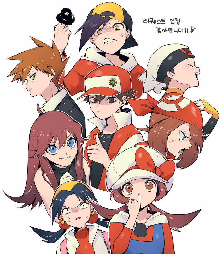 4boys 4girls anger_vein angry bandana baseball_cap black_hair blue_(pokemon) blue_(pokemon)_(classic) blue_eyes blue_hair blush brown_eyes censored clenched_teeth closed_mouth crystal_(pokemon) eyelashes fingerless_gloves gloves gold_(pokemon) green_eyes haruka_(pokemon) hat highres hood hoodie kotone_(pokemon) long_hair long_sleeves middle_finger multiple_boys multiple_girls nose_picking ookido_green ookido_green_(hgss) overalls pokemon pokemon_(game) red_(pokemon) red_(pokemon)_(classic) sharp_teeth silver_(pokemon) sleeveless spiked_hair sweatdrop teeth thumbs_up twintails upper_body white_background white_gloves yamtteng yellow_eyes yellow_gloves yuuki_(pokemon)