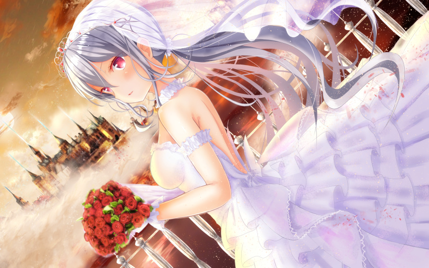 bare_shoulders bouquet breasts bridal_veil castle commentary_request dress dutch_angle fantasy female flower girlfriend_(kari) grey_hair highres holding holding_bouquet long_hair looking_at_viewer masa_(mirage77) medium_breasts pink_eyes ponytail railing shigeto_akiho solo standing sunset tiara veil white_dress