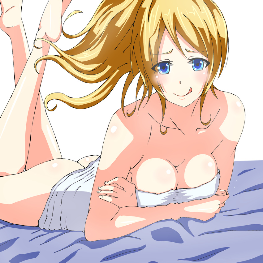 :q arm_support ass ayase_eli bad_id bad_pixiv_id barefoot bed_sheet blonde_hair blue_eyes blush breasts cleavage crossed_arms feet_up female highres licking_lips long_hair love_live! love_live!_school_idol_project lying mebi_il medium_breasts naked_towel on_stomach ponytail solo the_pose tongue tongue_out towel white_background