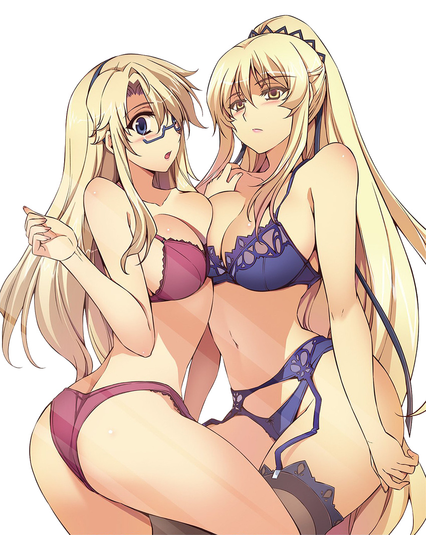 2girls :o alexadrufcs aoi_cassandra ass back bare_shoulders blonde_hair blue_bra blue_eyes blue_panties blush bow bow_panties bra breast_press breasts brown_legwear cleavage collarbone commentary_request freezing_(series) garter_belt glasses hairband hand_on_another's_shoulder hand_up highres kim_kwang_hyun large_breasts lingerie lips lipstick long_hair looking_at_viewer makeup multiple_girls navel open_mouth panties ponytail red_bra red_panties ribbon satellizer_el_bridget semi-rimless_eyewear standing symmetrical_docking thighhighs third-party_edit transparent_background under-rim_eyewear underwear underwear_only very_long_hair yellow_eyes