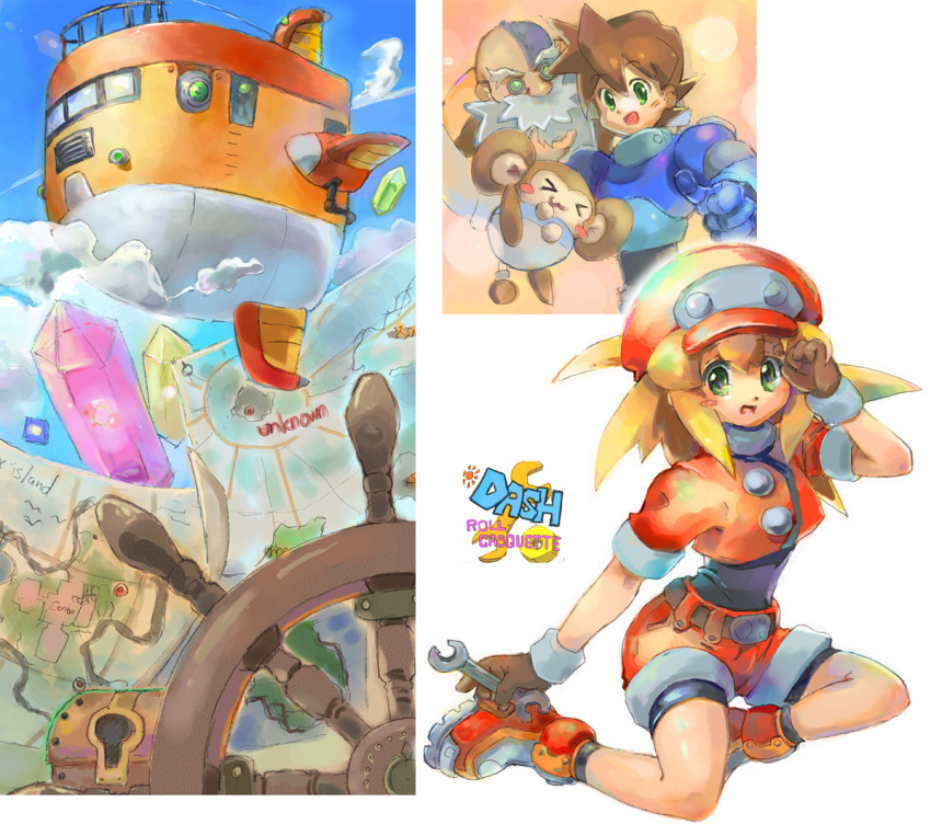 barrell_caskett_(mega_man) bike_shorts blonde_hair breasts brown_gloves cabbie_hat commentary_request cropped_jacket crystal data_(mega_man) dinef female flutter_(mega_man) gloves green_eyes hat jacket long_hair map mega_man_(series) mega_man_legends_(series) mega_man_volnutt multiple_boys open_mouth photoshop_(medium) red_jacket red_shorts roll_caskett_(mega_man) shorts small_breasts smile wheel