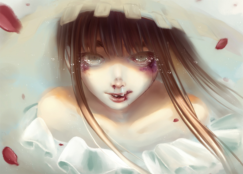 artist_name bare_shoulders blood blood_on_face blue_eyes brown_hair bruise bruise_on_face bruised_eye collarbone commentary_request female frills injury long_hair looking_at_viewer missing_tooth nosebleed nuei oyasumi_punpun parted_lips petals photoshop_(medium) realistic runny_nose snot solo spoilers tanaka_aiko tears upper_body