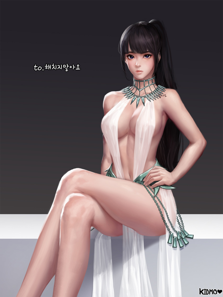 artist_name bad_id bad_pixiv_id black_background black_hair blue_eyes breasts center_opening commentary_request commission crossed_legs dress expressionless female hand_on_own_hip highres kidmo korean_commentary large_breasts lips long_hair looking_at_viewer mabinogi mabinogi_heroes navel no_panties nose original pelvic_curtain photoshop_(medium) player_character_(mabinogi_heroes) ponytail revealing_clothes see-through see-through_dress sideless_outfit simple_background sitting solo thighs white_dress