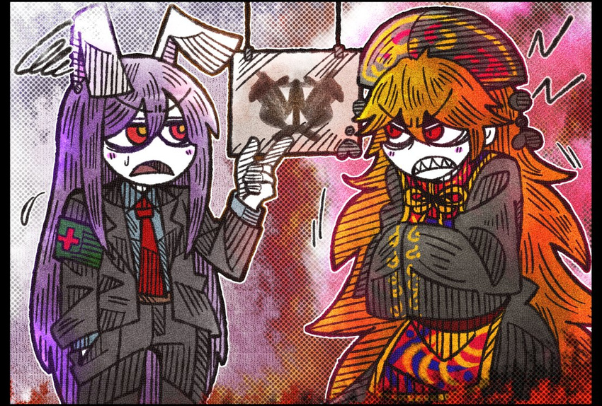 2girls angry animal_ears armband blush_stickers chinese_clothes clenched_teeth coat colored_skin commentary_request cross dress flying_sweatdrops formal hands_in_opposite_sleeves hat inkblot_test junko_(touhou) light_purple_hair long_hair long_sleeves multiple_girls necktie orange_hair own_hands_together rabbit_ears red_cross red_eyes red_necktie reisen_udongein_inaba sharp_teeth squiggle suenari_(peace) suit sweatdrop tabard teeth touhou very_long_hair white_skin