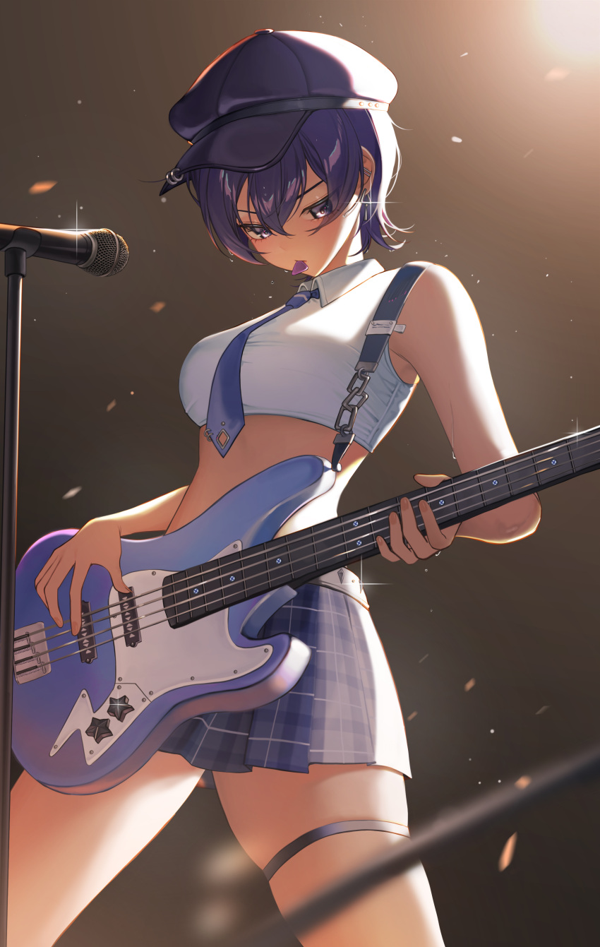 absurdres bass_guitar blue_necktie blue_skirt breasts female fender_jazz_bass gani1127 hat highres instrument medium_breasts microphone microphone_stand midriff necktie original purple_eyes purple_hair short_hair skirt solo star_(symbol)