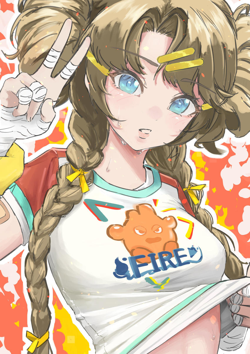 absurdres bandaged_hand bandages blue_eyes braid breasts brown_hair buty_222 clothes_grab double_bun female fire hair_bun hair_ornament hairclip hands_up highres long_hair looking_at_viewer medium_breasts midriff parted_lips reverse:1999 shirt shirt_grab short_sleeves solo spathodea_(reverse:1999) sweat t-shirt twin_braids upper_body v white_shirt