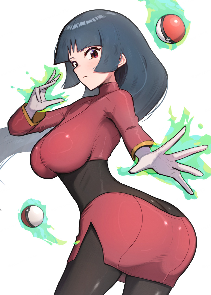 absurdres ass black_bodysuit blue_hair blunt_bangs bodysuit bodysuit_under_clothes breasts crop_top dark_blue_hair female gloves gonzarez highres hime_cut jacket large_breasts long_hair long_sleeves pencil_skirt poke_ball poke_ball_(basic) pokemon pokemon_frlg red_eyes red_jacket red_skirt sabrina_(pokemon) side_slit skirt solo telekinesis turtleneck turtleneck_jacket twisted_torso white_gloves