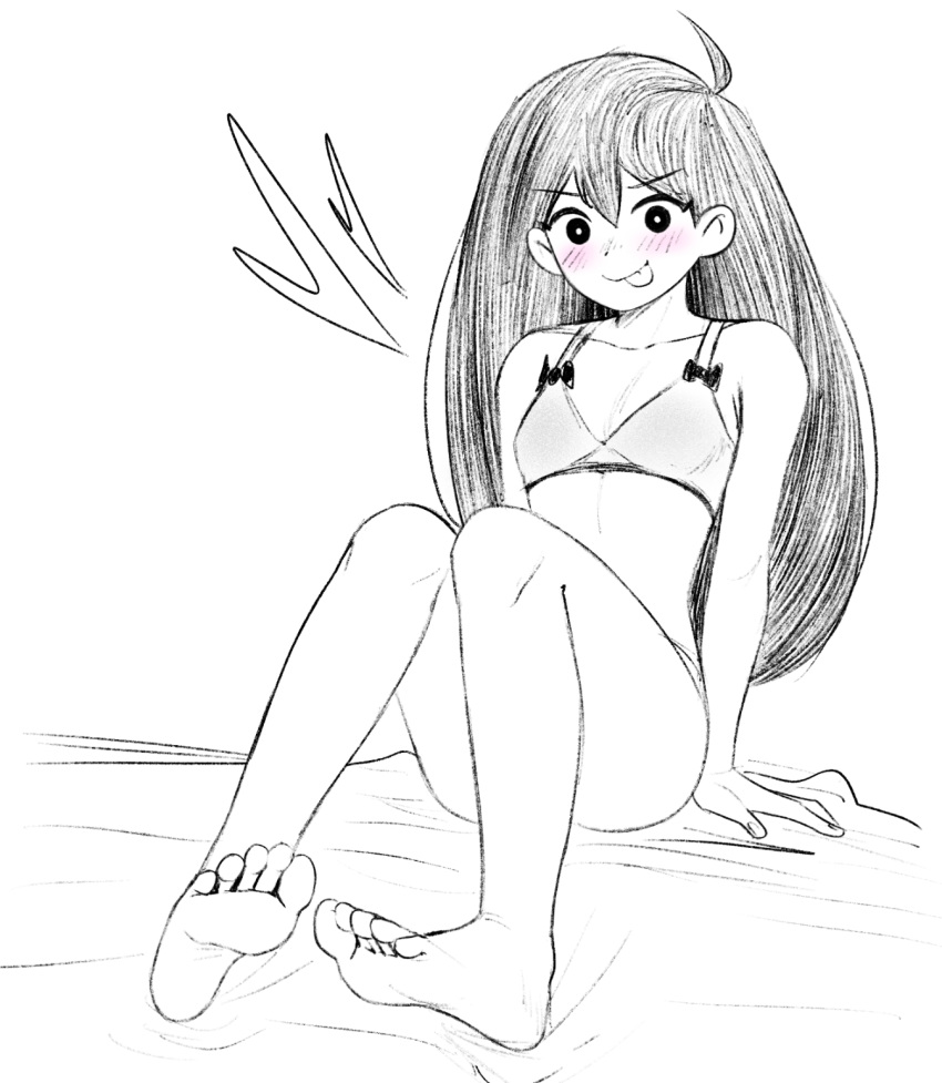 ahoge arm_support bare_arms bare_legs bare_shoulders barefoot blush bow bow_bra bra breasts bright_pupils cabronpr cleavage closed_mouth collarbone commentary convenient_leg dorsiflexion double-parted_bangs feet female fingernails foot_focus full_body greyscale hair_behind_ear hair_between_eyes heart highres knees_together_feet_apart knees_up long_hair looking_at_viewer mari_(faraway)_(omori) mari_(omori) monochrome naughty_face omori simple_background sitting small_breasts smile solo spot_color straight_hair symbol-only_commentary tongue tongue_out underwear v-shaped_eyebrows white_background