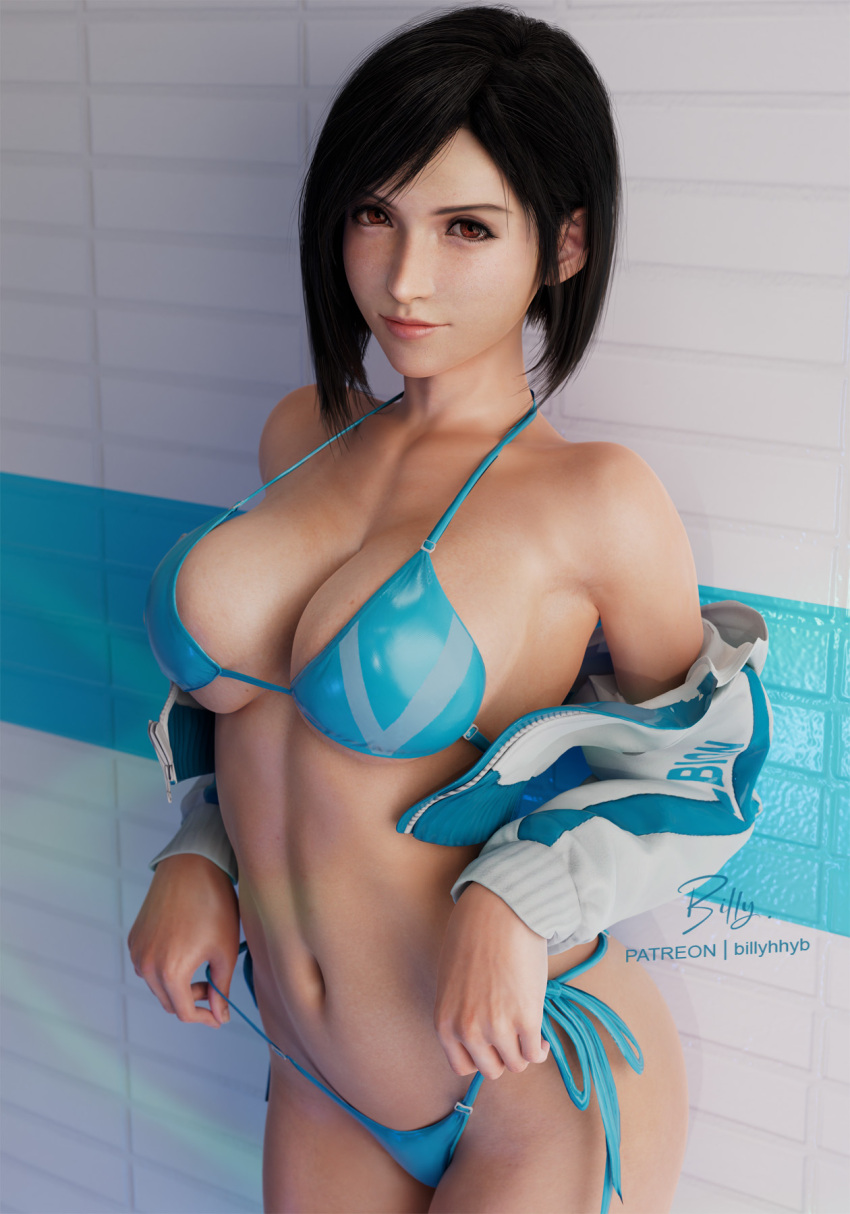 3d artist_name bare_shoulders bikini billyhhyb black_hair blue_bikini breasts female final_fantasy final_fantasy_vii final_fantasy_vii_remake highres jacket large_breasts looking_at_viewer midriff navel open_clothes open_jacket pulling_own_clothes red_eyes short_hair side-tie_bikini_bottom solo swimsuit tifa_lockhart