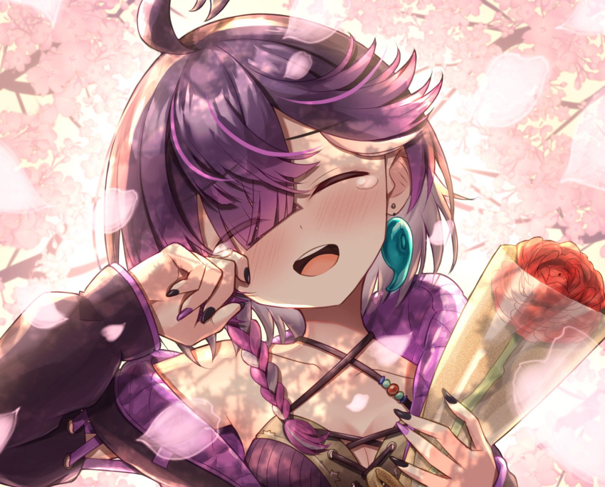 :d black_jacket black_nails blush breasts cleavage closed_eyes commentary_request earrings female flower head_tilt highres holding jacket jewelry open_mouth petals purple_hair purple_nails red_flower single_earring smile solo suzugame_lost tears teeth tongue tsukiyoi_avi upper_teeth_only varium