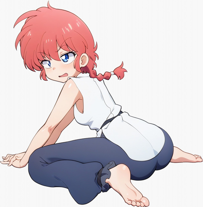 ass barefoot blue_eyes braid braided_ponytail breasts chinese_clothes commentary_request feet female from_behind genderswap_(mtf) highres looking_at_viewer odochi_(1or8) own_hands_together pants ranma-chan ranma_1/2 red_hair rule_63 shirt simple_background single_braid sitting sleeveless sleeveless_shirt solo tangzhuang toes wariza white_shirt