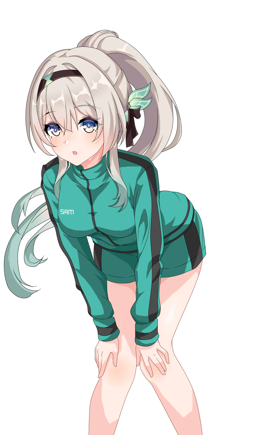 absurdres alternate_hairstyle bent_over black_hairband feet_out_of_frame female firefly_(honkai:_star_rail) gradient_hair green_hair green_jacket green_shorts grey_hair hairband hands_on_own_knees highres honkai:_star_rail honkai_(series) jacket knees_together_feet_apart long_hair long_sleeves maxwelzy multicolored_hair open_mouth ponytail purple_eyes short_shorts shorts simple_background solo track_jacket two-tone_hair white_background