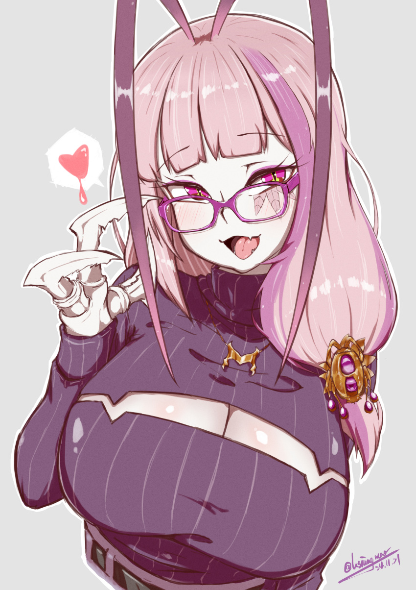 absurdres antenna_hair arthropod_girl breasts cleavage cleavage_cutout clothing_cutout cockroach_girl glasses heart highres large_breasts long_hair looking_at_viewer matara_kan matara_kan_(casual) monster_girl multicolored_hair open_mouth pink_hair purple-framed_eyewear purple_sweater red_eyes smile solo streaked_hair sweater turtleneck turtleneck_sweater virtual_youtuber vshojo wzpx7373