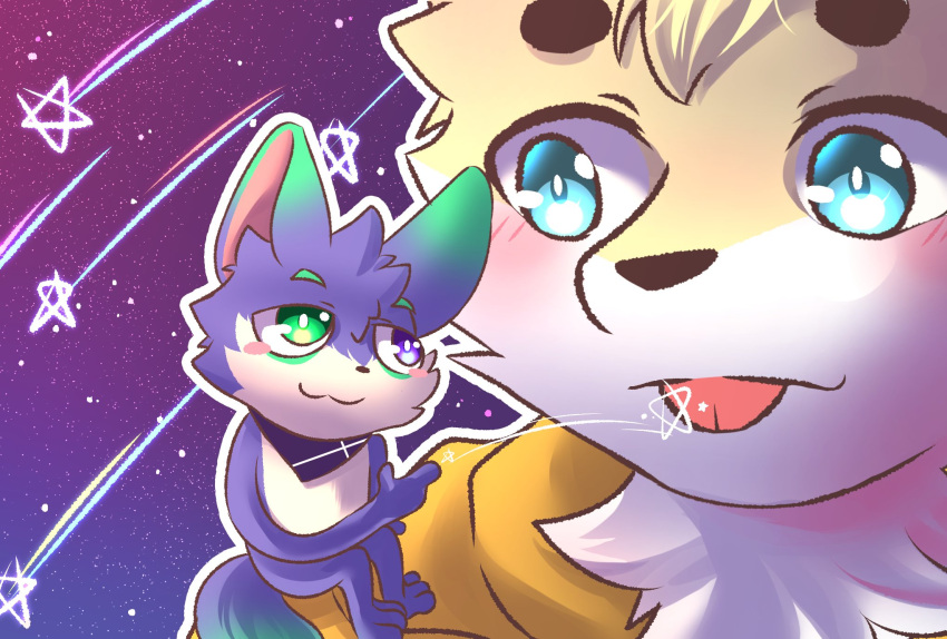 anthro ayu_space_(potato_12_13) black_eyebrows blep blonde_hair blue_eyes blush blush_lines canid canine canis carrying_another clothing cosmic_background dipstick_ears domestic_dog duo ear_markings eye_contact eyebrows green_ear_tips green_eyebrows green_eyes hair half-closed_eyes heterochromia hi_res kerchief kerchief_only looking_at_another male mammal mostly_nude multicolored_ears narrowed_eyes neck_tuft neckerchief neckerchief_only neckwear on_shoulder orange_clothing orange_shirt orange_topwear outline potato_12_13 purple_body purple_ears purple_eyes shirt shooting_star sitting_on_another size_difference smaller_anthro smaller_male smile star starry_background tongue tongue_out topwear tuft white_outline yellow_body